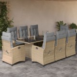 vidaXL Set de masă pentru grădină, 9 piese, cu perne, bej, poliratan