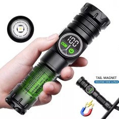 Lanterna led, afisaj procent baterie, 9 moduri de functionare, reincarcabila, rezistenta la intemperii si apa, din aluminiu, magnet pentru fixare, ies