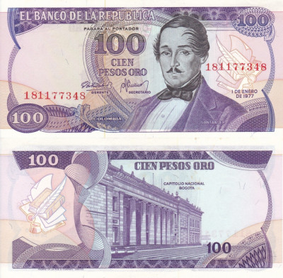 COLUMBIA 100 pesos oro 1977 UNC!!! foto