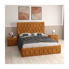 Pat Tapitat Eric Caramiziu + Saltea Lux Ortopedica + Noptiere Tapitate 140x200cm