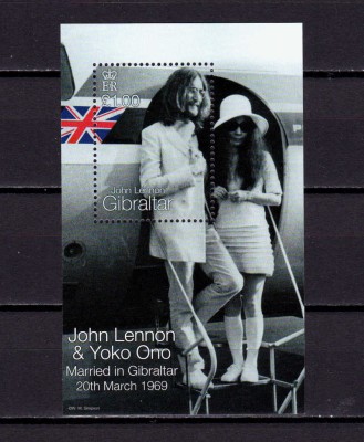 ✅(C41)Gibraltar 1999 &amp;quot;John Lennon &amp;amp; Yoko/20 martie 1969&amp;quot;,1&amp;pound; ,Mi. 879,bloc 37,MNH foto