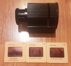 Filmoscop (diascop) si 3 diapozitive din URSS. Vintage foto