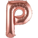 Balon folie metalizata litera p, flippy, 80 cm, umflati cu heliu sau aer, ambalaj individual, pai inclus, rose gold