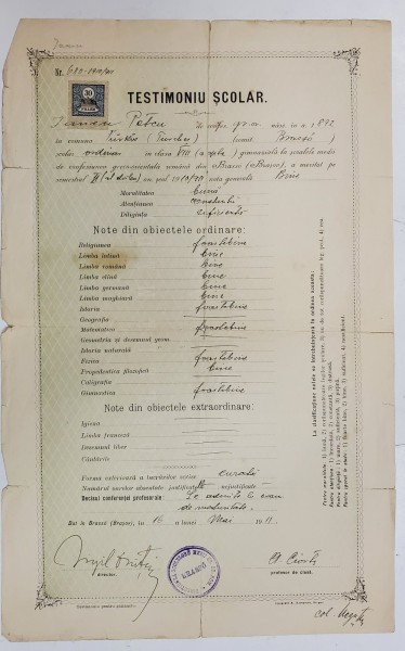 TESTIMONIU SCOLAR , ACORDAT DE SCOALA MEDIE DE CONFESIUNE GRECO - ORIENTALA DIN BRASOV , 1911, TEXT IN LIMBA ROMANA !