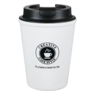 Pahar Plastic Creative Cafe Style, Capacitate 300 ml, Alb Negru, Capac cu Filet foto