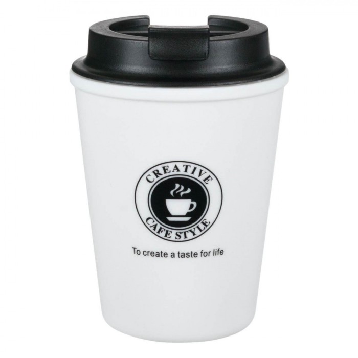 Pahar Plastic Creative Cafe Style, Capacitate 300 ml, Alb Negru, Capac cu Filet