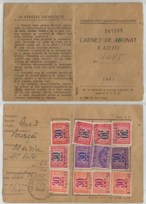 Romania, Carnet de abonat radio, Bucuresti, 1961
