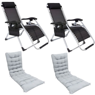 Set 2 Scaune cu Perne tip Sezlong Pliabil Deluxe Gravitatie Zero pentru Terasa, Gradina sau Plaja cu Tetiera si Suport Bauturi, Reglabil, Negru foto