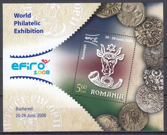 ROMANIA 2007 LP 1778 EXPOZITIA FILATELICA MONDIALA EFIRO 2008 COLITA MNH