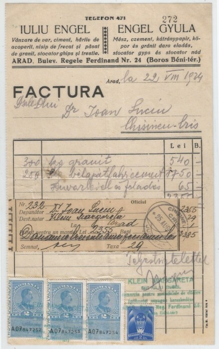 Romania, Iuliu Engel, vanzare de var, ciment, Factura, Arad, 1924