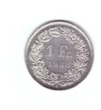 Moneda Elvetia 1 franc 1988, stare foarte buna, curata, Europa, Cupru-Nichel
