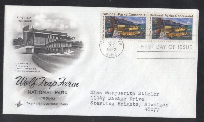United States 1972 Wolf Trap theatre x 2 FDC K.679