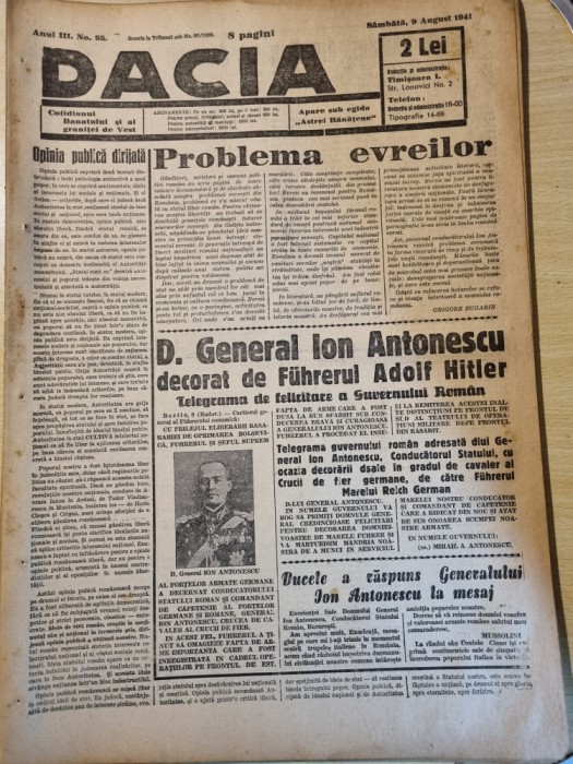 ziarul dacia 9 august 1941-maresalul antonescu decorat de adolf hitler