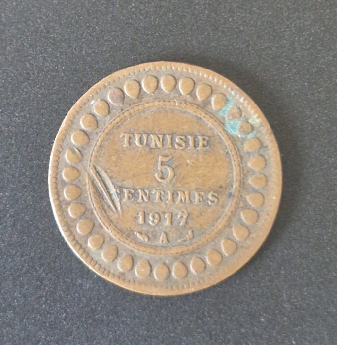 Tunisia 5 Centimes 1917 moneda bronz km # 235 Muhammad V