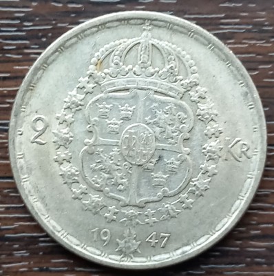 (A961) MONEDA DIN ARGINT SUEDIA - 2 KRONOR 1947, LIT. TS, REGELE GUSTAV V foto