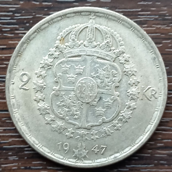 (A961) MONEDA DIN ARGINT SUEDIA - 2 KRONOR 1947, LIT. TS, REGELE GUSTAV V