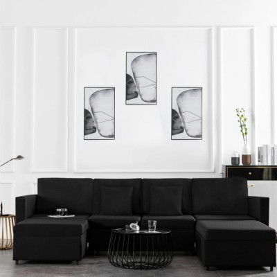 vidaXL Canapea extensibilă cu 4 locuri, negru, material textil foto