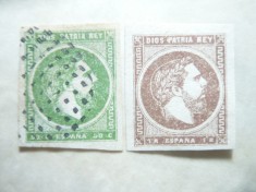2 Timbre Spania 1875 Don Carlos , 50c stamp. si 1 real nestamp. fara guma