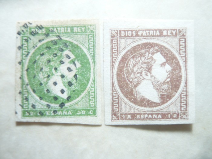 2 Timbre Spania 1875 Don Carlos , 50c stamp. si 1 real nestamp. fara guma