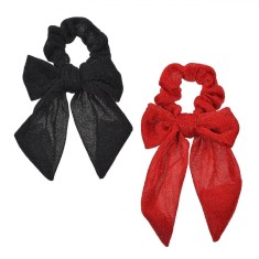 Elastice Păr, Model Crăciun, Set 2 Bucăți, Culoare Roșu și Negru, Cu Fundă Lurex