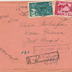 1945 Romania, Plic R circulat Iasi - Arad, timbre Pentru ardeleni, cenzura