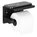 Suport hartie igienica din otel cu raft depozitare, prindere fara gaurire, 14cm, negru Household NewTrend