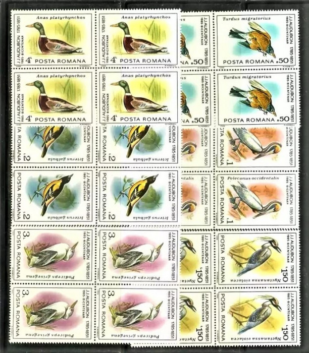 ROMANIA 1985 - LP 1129 Fauna Pasari, serie de 6 valori in bloc de 4