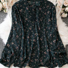 Bluza cu maneca lunga si imprimeu floral, negru, dama, Shein