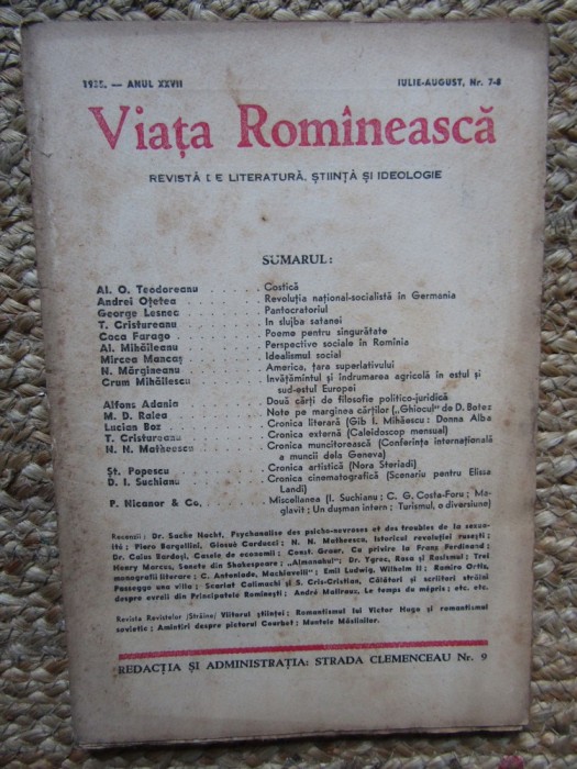 REVISTA VIATA ROMANEASCA REVISTA DE LITERATURA STIINTA SI IDEOLOGIE ANUL XXVII IULIE-AUGUST NR. 7-8 1935