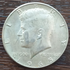 (A50) MONEDA DIN ARGINT SUA - HALF DOLLAR 1965, KENNEDY, 11.5 GR., PURITATE 400