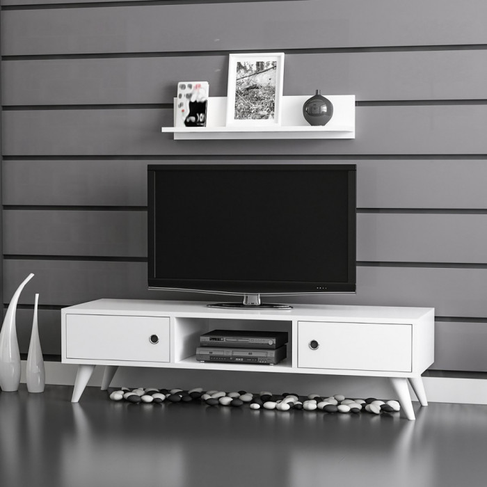 Comoda TV cu raft perete Egebjerg 35x130x40cm alb [en.casa] HausGarden Leisure