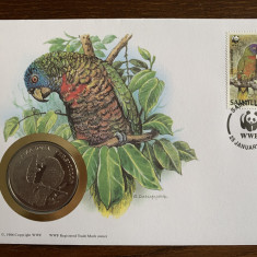 st. lucia - pasari - papagal - FDC cu medalie, fauna wwf