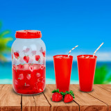 Dozator de băuturi cu robinet, set pahare plastic &ndash; 3,8 l &ndash; căpșuni