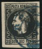 1867 , Lp 20 c , Carol I 20 Parale / hartie subtire , stampila agrafa (albastra) ROMAN, Stampilat
