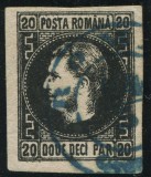 1867 , Lp 20 c , Carol I 20 Parale / hartie subtire , stampila agrafa (albastra) ROMAN