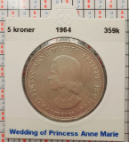Danemarca 5 kroner 1964 argint - Wedding of Anne-Marie - km 854 - G011, Europa