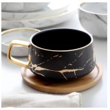 Set Ceasca GOLDEN din Portelan cu suport din Bambus, pentru cafea si ceai, 350 ml
