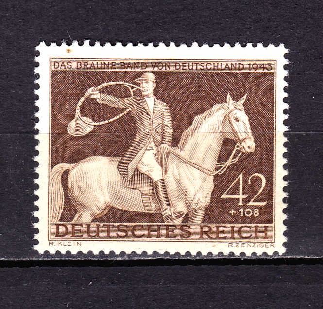 ✅ (S41) Germania Reich 1943 - Cursele de cai &quot; Panglica bruna a Germaniei&quot; ,serie Mi.854 ,MNH ( mic spot fata )