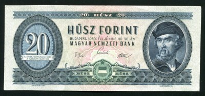 t363 UNGARIA BANCNOTA DE 20 FORINT 1969 GHEORGHE DOJA XF foto