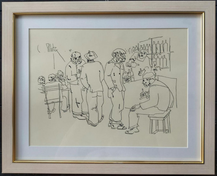 Constantin PILIUŢĂ (1929-2003)-La c&acirc;rciumă (1997) - desen &icirc;n tuş