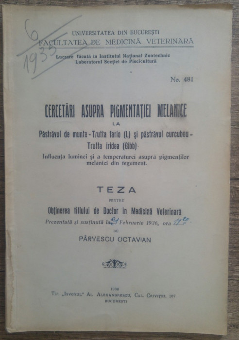 Cercetari asupra pigmentatiei melanice la pastravul de munte si curcubeu/ 1936