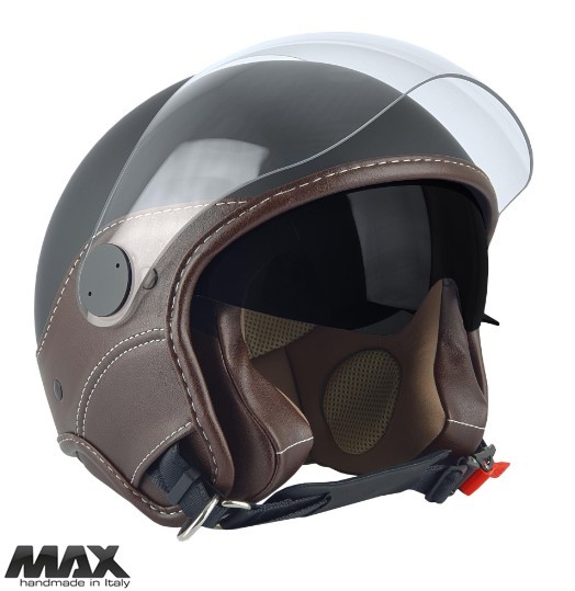 Casca open face pentru scuter - motocicleta (demi-jet) Max Helmets model DJDV06 LS Vision SV (ochelari soare integrati) culoare: negru mat/maro (NOM)
