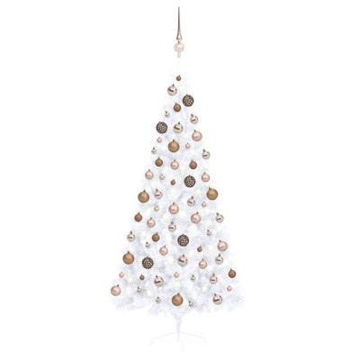 vidaXL Jumătate brad Crăciun pre-iluminat cu set globuri, alb, 180 cm foto