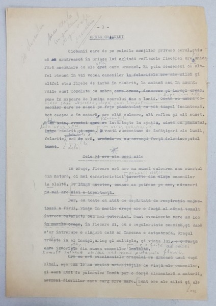 GEO BOGZA - ORELE ORASULUI - ARTICOL PENTRU ZIAR , DACTILOGRAFIAT , CU CORECTURILE, MODIFICARILE SI ADAUGIRILE OLOGRAFE ALE AUTORULUI , 1937