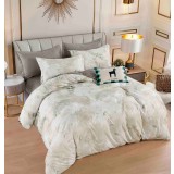 Lenjerie pat dublu,bumbac finet,6 piese,cearceaf cu elastic,crem gri cu frunze-A808