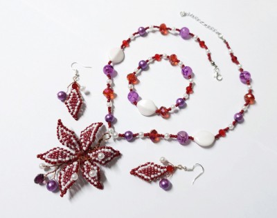 Reducere Set floare visiniu cu mov, unicat handmade, colier evenimente foto