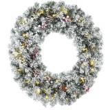 HOMCOM Ghirlandă de Crăciun &icirc;nzăpezită de 60 cm cu LED-uri, fundă tartan, ramuri, conuri, boabe, Verde | Aosom Romania