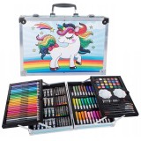Cumpara ieftin Set pictat si desen, 145 piese, gentuta depozitare stil gemantan, model Unicorn si curcubeu, albastru, 34 x 23 x 9 cm , complet, colorat si usor de tr