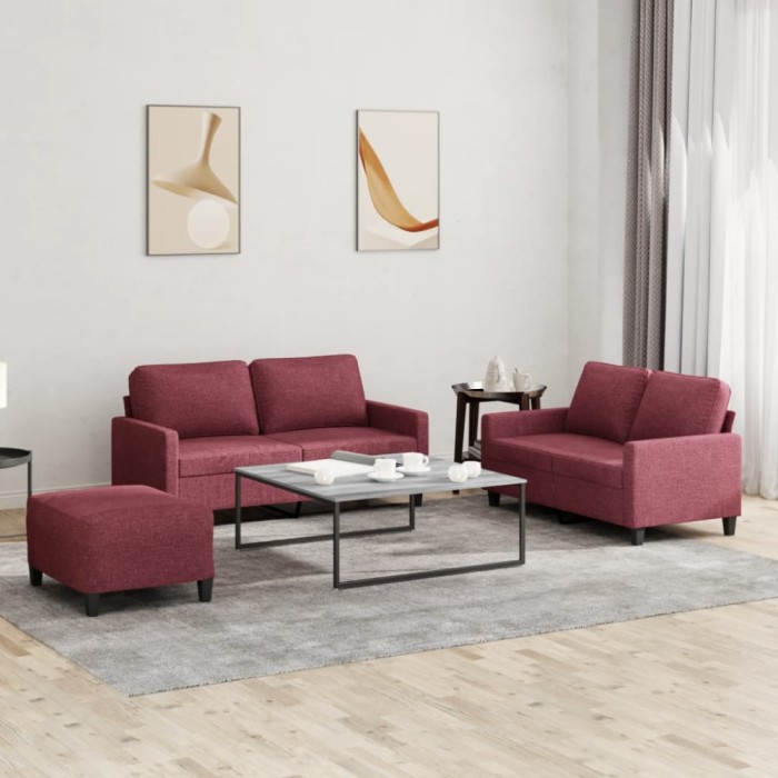 vidaXL Set canapea cu perne, 3 piese, roșu vin, material textil 3201458