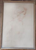 Tablou studiu de femeie / nud &icirc;n profil, creion roșcat / sanguină pe h&acirc;rtie, inramat, sticla antireflex, 62 &times; 44 cm